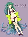  bare_shoulders bikini black_bikini blush bow frilled_bikini frills gatchaman_crowds green_eyes green_hair groin hair_bow highres jun_(goodgun7) large_bow leg_garter legs long_hair long_legs looking_at_viewer navel simple_background solo swimsuit thighs utsutsu very_long_hair 