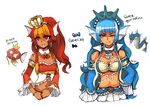  age_progression bandeau blue_(hopebiscuit) blue_hair blue_lipstick breasts cleavage commentary crown dark_skin detached_sleeves english_commentary eyebrows gen_1_pokemon gyarados hair_tubes head_fins lipstick long_hair magikarp makeup mini_crown navel one_eye_closed pokemon pokemon_(creature) ponytail protected_link red_eyes red_hair sidelocks small_breasts strapless upper_body very_long_hair 