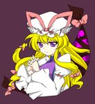  blonde_hair eyes gap hair_ribbon hands_clasped hat kanoe own_hands_together purple_eyes ribbon solo touhou wide_sleeves yakumo_yukari 