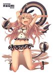  ;d bad_id bad_pixiv_id ball bat_wings beachball bikini bikini_skirt brown_eyes brown_hair demon_tail highres innertube kneeling long_hair midriff narumi_arata navel one_eye_closed open_mouth original sandals smile solo swimsuit tail wings 