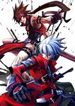  arc_system_works belt blazblue blue_hair brown_hair company_connection fingerless_gloves gloves green_eyes guilty_gear hairband heterochromia male_focus multiple_boys ragna_the_bloodedge red_eyes sol_badguy sowel_(sk3) sword weapon white_background yellow_eyes 