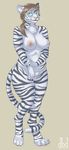  breasts brown_hair chest_tuft chubby dbd eyewear feline female fur glasses green_eyes hair looking_at_viewer mammal nipples nude plain_background pussy solo standing stripes thick_thighs tiger tuft 