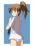  ass blush brown_eyes brown_hair dress_shirt lielos long_hair looking_at_viewer looking_back necktie no_pants original panties poniko_(lielos) ponytail shirt solo standing underwear undressing white_panties white_shirt 