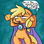  blonde_hair cape clothing cutie_mark dialog english_text equine fauxsquared female feral freckles friendship_is_magic fur green_eyes hair horse long_hair mammal my_little_pony open_mouth orange_fur pony solo standing teeth text 