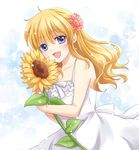  blonde_hair blue_eyes dress flower hair_down hair_flower hair_ornament long_hair maekawa_suu open_mouth smile solo sunflower umineko_no_naku_koro_ni ushiromiya_jessica white_dress 