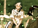  bag black_hair fireflies glasses inumaru_(sougen_no_marogoya) long_hair multiple_girls original school_uniform wind 