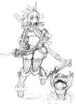  1girl fur greyscale horn kirin_(armor) monochrome monster_hunter puddle sketch sword thighhighs weapon 