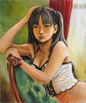  black_hair blue_eyes breasts chair cleavage fate/stay_night fate_(series) medium_breasts navel realistic solo tafuto toosaka_rin traditional_media two_side_up 