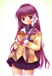  botan_(clannad) clannad fujibayashi_kyou hikarizaka_private_high_school_uniform long_hair purple_eyes purple_hair school_uniform solo thighhighs yoshida_inuhito 