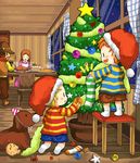  3boys artist_request blonde_hair boney brown_hair cake christmas christmas_tree claus dog doseisan family flint food hat hinawa long_hair lowres lucas mother_(game) mother_3 multicolored_shirt multiple_boys pastry santa_hat shirt smile striped striped_shirt 