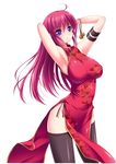  armpits arms_up bad_id bad_pixiv_id china_dress chinese_clothes dress highres long_hair original purple_eyes red_hair solo thighhighs toujou_akira 