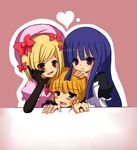  artist_request beatrice beret blonde_hair blue_eyes blue_hair blush dress frederica_bernkastel hat heart jewelry lambdadelta long_hair multiple_girls orange_eyes pink_hat purple_eyes ribbon ring short_hair smile umineko_no_naku_koro_ni 