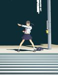  aqua_background bag city crosswalk dark fighting_stance flash_tomo henshin highres original outstretched_arm pose school_bag school_uniform serafuku shadow simple_background skirt solo telephone_pole 