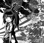  bad_id bad_pixiv_id bangs blunt_bangs evil_smile greyscale hands haruhara long_hair long_sleeves looking_at_viewer monochrome monoko monster pleated_skirt skirt smile solo standing twintails yume_nikki 