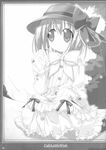  artist_request book cafe_little_wish dress greyscale hat highres lily_(cafe_little_wish) monochrome nature pencil ribbon sitting solo wooden_pencil 