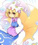  blonde_hair chigo hands_in_opposite_sleeves hat long_sleeves pillow_hat short_hair solo tail tassel touhou wide_sleeves yakumo_ran yellow_eyes 