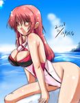  bad_id bad_pixiv_id bent_over breasts cleavage copyright_request highleg highleg_swimsuit large_breasts one-piece_swimsuit red_eyes red_hair rock solo swimsuit wet za_(artist) 