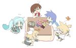  3girls aqua_hair bad_id bad_pixiv_id chibi flying_sweatdrops food fruit hatsune_miku ichika_asatsuki kagamine_len kagamine_rin kaito kotatsu mandarin_orange meiko multiple_boys multiple_girls simple_background table vocaloid white_background 