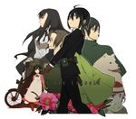  4girls achi_dyna androgynous dual_persona flower ground_vehicle hermes kino kino_no_tabi motor_vehicle motorcycle multiple_boys multiple_girls reverse_trap riku_(kino_no_tabi) shizu tea_(kino_no_tabi) 