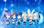  3girls aqua_hair blonde_hair blue_hair brown_hair chibi closed_eyes detached_sleeves full_body hairband hatsune_miku head_tilt holding_hands kagamine_len kagamine_rin kaito kamui_gakupo long_hair long_sleeves meiko multiple_boys multiple_girls onineko purple_hair sailor_collar school_uniform serafuku short_hair shorts skirt sky standing star_(sky) starry_sky thighhighs twintails very_long_hair vest vocaloid 