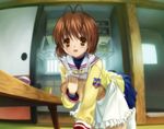  all_fours antenna_hair apron brown_eyes brown_hair clannad fisheye furukawa_nagisa hikarizaka_private_high_school_uniform mutsuki_(moonknives) school_uniform short_hair solo tray 