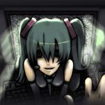  bad_id bad_pixiv_id computer crazy_eyes detached_sleeves green_hair hatsune_miku horror_(theme) long_hair parody solo the_ring thighhighs through_screen twintails vocaloid yama_(rabbit_room) 