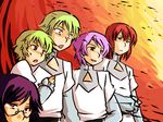  4boys bad_id bad_pixiv_id bring_stabity glasses green_hair gundam gundam_00 hilling_care innovator makui_(umaku_ikanai) multiple_boys purple_eyes purple_hair red_eyes red_hair regene_regetta revive_revival ribbons_almark 