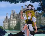  bad_id bad_pixiv_id blonde_hair bloomers castle hand_on_headwear hat hat_ribbon in_tree isozaki_bebebe kirisame_marisa long_hair looking_at_viewer puffy_sleeves ribbon sitting sitting_in_tree solo touhou tree underwear witch_hat yellow_eyes 