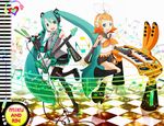  blonde_hair blue_hair boots bow checkered colorful detached_sleeves guitar hair_bow hatsune_miku headset instrument kagamine_rin keyboard_(instrument) long_hair m-hit microphone microphone_stand multiple_girls short_hair synthesizer thigh_boots thighhighs twintails very_long_hair vocaloid 