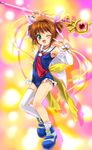  asymmetrical_legwear blush brown_hair cardcaptor_sakura cosplay detached_sleeves green_eyes hair_ribbon highres kinomoto_sakura lyrical_nanoha magazine_(weapon) magical_girl mahou_shoujo_lyrical_nanoha mahou_shoujo_lyrical_nanoha_a's moetan mutsuki_(moonknives) one-piece_swimsuit one_eye_closed open_mouth parody pastel_ink pastel_ink_(cosplay) raising_heart ribbon school_swimsuit school_uniform single_thighhigh solo staff swimsuit takamachi_nanoha takamachi_nanoha_(cosplay) thighhighs 