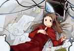  brown_eyes brown_hair cable densou_(kinnikuhunter) dress hand_on_own_chest headphones instrument long_hair long_sleeves looking_at_viewer looking_back lying on_back original paper recorder red_dress red_hair solo 