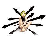  bare_legs barefoot directional_arrow feet full_body green_hair hood hooded_sweater long_sleeves looking_at_viewer medusa_gorgon red_eyes short_hair simple_background sitting solo soul_eater sweater toes white_background yamawaku 