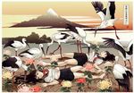  barefoot bird chrysanthemum death fine_art_parody flower koshu_isawa_no_akatsuki lying midriff mount_fuji mountain multiple_girls nadeshiko_rin navel nihonga on_back original parody school_uniform serafuku skirt stork translated ukiyo-e 