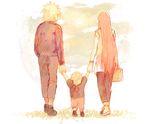  2boys artist_request bag blonde_hair child father_and_son from_behind holding_hands long_hair mother_and_son multiple_boys namikaze_minato naruto naruto_(series) red_hair sandals shoes standing uzumaki_kushina uzumaki_naruto very_long_hair walking 