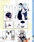  apron artbook bandana belt blue_skin blueberry blueberry-chan boots breasts buttons chef chef_hat cleavage cleaver comic earrings finger_to_mouth food food_girls fruit frying_pan gloves green_eyes hair_ornament hairclip hat highres hug jewelry medium_breasts multiple_girls octopus okama pirate pointy_ears sazae-san silver_hair skirt thigh_boots thighhighs translation_request vest 