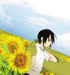  achi_dyna androgynous black_hair cloud day flower jacket kino kino_no_tabi reverse_trap short_hair solo sunflower 
