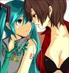  aqua_eyes aqua_hair bad_id bad_pixiv_id breasts brown_hair cleavage hatsune_miku large_breasts lips long_hair meiko multiple_girls nntn red_eyes short_hair small_breasts twintails vocaloid yuri 