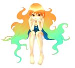  aqua_hair bad_id bad_pixiv_id barefoot copyright_request feet gradient_hair kansou_samehada multicolored_hair orange_eyes orange_hair solo 