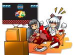  angry bad_id bad_pixiv_id black_eyes black_hair bow famicom frustrated fujiwara_no_mokou game_console hair_bow houraisan_kaguya kicking luigi mario mario_(series) mario_bros. mikihiro multiple_girls pants playing_games pow_block red_eyes rivalry super_mario_bros. suspenders touhou video_game white_hair 