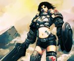  armor belt black_hair hironox midriff original shield short_hair solo sword tattoo weapon 