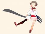  blush brown_hair cake closed_eyes copyright_request eating food food_on_face fork fruit holding holding_fork oversized_object pastry rakuraku sepia_background short_hair simple_background sitting socks solo strawberry strawberry_shortcake thighhighs 