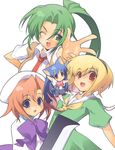  animal_ears blonde_hair blue_eyes bow brown_hair dress furude_rika green_eyes green_hair higurashi_no_naku_koro_ni houjou_satoko kotamaru_(pajama_soft) multiple_girls pink_bow red_eyes ryuuguu_rena sailor_dress sonozaki_mion 