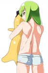  ass back c.c. cheese-kun code_geass green_hair hug long_hair looking_back pizza_hut saga_inu shorts solo topless yellow_eyes 