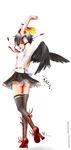  arm_garter ass black_hair black_wings eatbara expressionless fan geta hauchiwa highres looking_at_viewer panties pantyshot parted_lips red_eyes shameimaru_aya solo tengu-geta thighhighs touhou underwear wings 