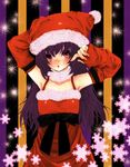  akatsuki_byakuya arms_up bad_id bad_pixiv_id christmas detached_sleeves hat highres long_hair original pink_eyes purple_hair santa_costume santa_hat snow solo 