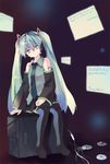  detached_sleeves hatsune_miku long_hair necktie shati sitting solo thighhighs twintails vocaloid 