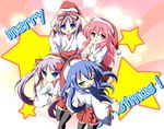  ahoge christmas glasses hakama hat hiiragi_kagami hiiragi_tsukasa izumi_konata japanese_clothes ka2 lucky_star miko mole mole_under_eye multiple_girls one_eye_closed pantyhose red_hakama santa_costume santa_hat takara_miyuki thighhighs thumbs_up zettai_ryouiki 