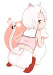  animal_ears ass bell biting copyright_request feet looking_back mouth_hold orange_eyes pillow pillow_hug saga_inu short_hair sitting slit_pupils socks solo spandex tail tail_bell wariza white_hair yellow_eyes 