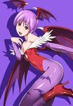  animal_print bat_print boots demon_girl detached_sleeves flat_chest hakaba_(dairiseki) head_wings highres leotard lilith_aensland pantyhose print_legwear purple_eyes purple_hair red_leotard short_hair solo succubus vampire_(game) wings 