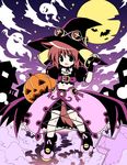  bell copyright_request fingerless_gloves ghost gloves halloween hat jack-o'-lantern large_buttons midriff moon navel pumpkin purple_background red_hair short_hair solo waiai witch_hat 